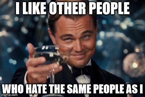 Leonardo Dicaprio Cheers Meme | I LIKE OTHER PEOPLE WHO HATE THE SAME PEOPLE AS I | image tagged in memes,leonardo dicaprio cheers | made w/ Imgflip meme maker