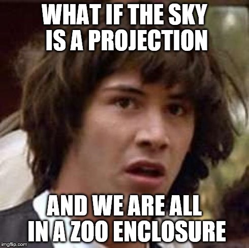 Conspiracy Keanu Meme | WHAT IF THE SKY IS A PROJECTION AND WE ARE ALL IN A ZOO ENCLOSURE | image tagged in memes,conspiracy keanu | made w/ Imgflip meme maker