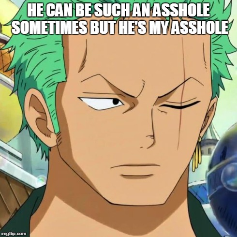 zoro | HE CAN BE SUCH AN ASSHOLE SOMETIMES BUT HE'S MY ASSHOLE | image tagged in zoro,one piece | made w/ Imgflip meme maker
