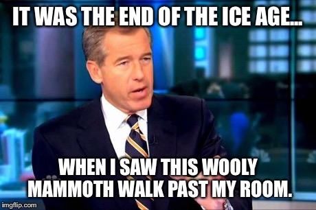 Brian Williams Was There 2 Meme | IT WAS THE END OF THE ICE AGE... WHEN I SAW THIS WOOLY MAMMOTH WALK PAST MY ROOM. | image tagged in brian williams was there  | made w/ Imgflip meme maker