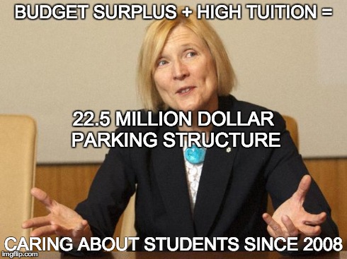 BUDGET SURPLUS + HIGH TUITION = CARING ABOUT STUDENTS SINCE 2008 22.5 MILLION DOLLAR PARKING STRUCTURE | image tagged in CarletonU | made w/ Imgflip meme maker