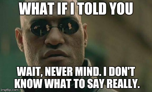 Matrix Morpheus Meme | WHAT IF I TOLD YOU WAIT, NEVER MIND. I DON'T KNOW WHAT TO SAY REALLY. | image tagged in memes,matrix morpheus | made w/ Imgflip meme maker