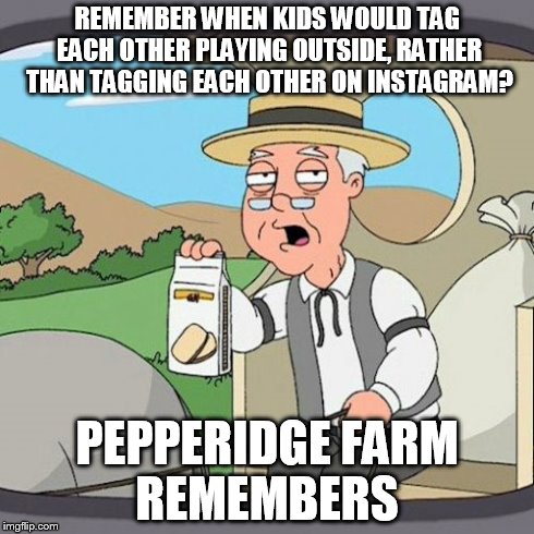 Pepperidge Farm Remembers Meme | REMEMBER WHEN KIDS WOULD TAG EACH OTHER PLAYING OUTSIDE, RATHER THAN TAGGING EACH OTHER ON INSTAGRAM? PEPPERIDGE FARM REMEMBERS | image tagged in memes,pepperidge farm remembers | made w/ Imgflip meme maker