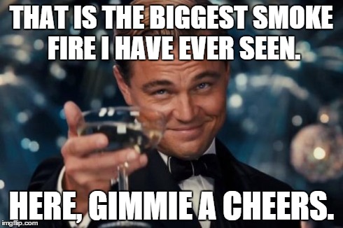 Leonardo Dicaprio Cheers Meme | THAT IS THE BIGGEST SMOKE FIRE I HAVE EVER SEEN. HERE, GIMMIE A CHEERS. | image tagged in memes,leonardo dicaprio cheers | made w/ Imgflip meme maker
