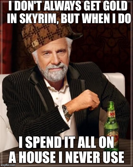 The Most Interesting Man In The World | I DON'T ALWAYS GET GOLD IN SKYRIM, BUT WHEN I DO I SPEND IT ALL ON A HOUSE I NEVER USE | image tagged in memes,the most interesting man in the world,scumbag | made w/ Imgflip meme maker
