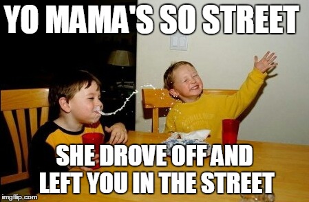 street cred | YO MAMA'S SO STREET SHE DROVE OFF AND LEFT YOU IN THE STREET | image tagged in memes,yo mamas so fat,cool,parenting | made w/ Imgflip meme maker