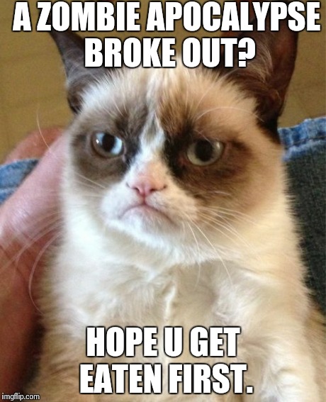 Grumpy Cat | A ZOMBIE APOCALYPSE BROKE OUT? HOPE U GET EATEN FIRST. | image tagged in memes,grumpy cat | made w/ Imgflip meme maker