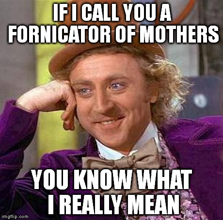 Creepy Condescending Wonka Meme | IF I CALL YOU A FORNICATOR OF MOTHERS YOU KNOW WHAT I REALLY MEAN | image tagged in memes,creepy condescending wonka | made w/ Imgflip meme maker