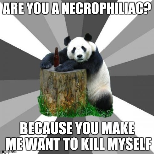 Pickup Line Panda | ARE YOU A NECROPHILIAC? BECAUSE YOU MAKE ME WANT TO KILL MYSELF | image tagged in memes,pickup line panda,AdviceAnimals | made w/ Imgflip meme maker