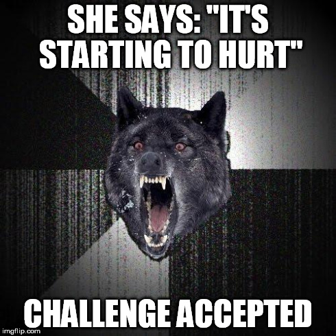 Insanity Wolf Meme | SHE SAYS: "IT'S STARTING TO HURT" CHALLENGE ACCEPTED | image tagged in memes,insanity wolf | made w/ Imgflip meme maker