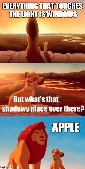 Simba Shadowy Place Meme | EVERYTHING THAT TOUCHES THE LIGHT IS WINDOWS APPLE | image tagged in memes,simba shadowy place | made w/ Imgflip meme maker