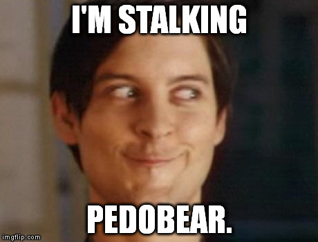 Spiderman Peter Parker | I'M STALKING PEDOBEAR. | image tagged in memes,spiderman peter parker | made w/ Imgflip meme maker