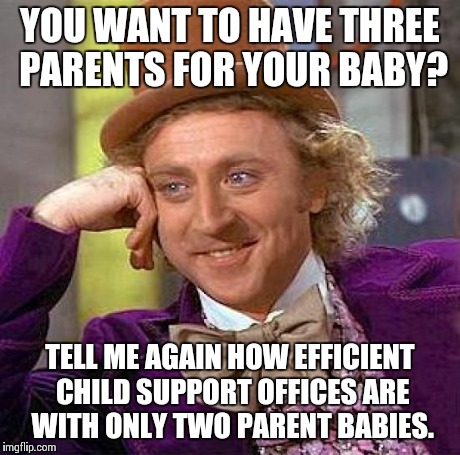 Creepy Condescending Wonka | YOU WANT TO HAVE THREE PARENTS FOR YOUR BABY? TELL ME AGAIN HOW EFFICIENT CHILD SUPPORT OFFICES ARE WITH ONLY TWO PARENT BABIES. | image tagged in memes,creepy condescending wonka | made w/ Imgflip meme maker