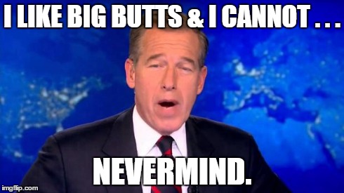Brian Williams | I LIKE BIG BUTTS & I CANNOT . . . NEVERMIND. | image tagged in brian williams | made w/ Imgflip meme maker