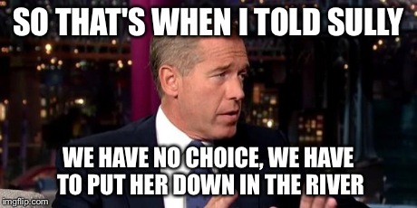 Brian Williams sincere | SO THAT'S WHEN I TOLD SULLY WE HAVE NO CHOICE, WE HAVE TO PUT HER DOWN IN THE RIVER | image tagged in brian williams | made w/ Imgflip meme maker