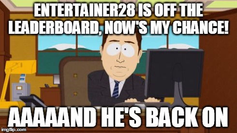 Aaaaand Its Gone | ENTERTAINER28 IS OFF THE LEADERBOARD, NOW'S MY CHANCE! AAAAAND HE'S BACK ON | image tagged in memes,aaaaand its gone | made w/ Imgflip meme maker