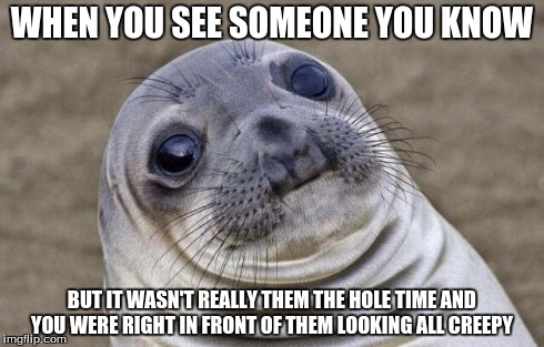 Awkward Moment Sealion | WHEN YOU SEE SOMEONE YOU KNOW BUT IT WASN'T REALLY THEM THE HOLE TIME AND YOU WERE RIGHT IN FRONT OF THEM LOOKING ALL CREEPY | image tagged in memes,awkward moment sealion | made w/ Imgflip meme maker