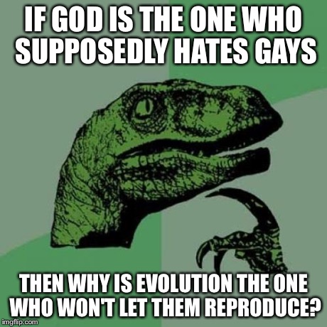 Philosoraptor Meme | IF GOD IS THE ONE WHO SUPPOSEDLY HATES GAYS THEN WHY IS EVOLUTION THE ONE WHO WON'T LET THEM REPRODUCE? | image tagged in memes,philosoraptor | made w/ Imgflip meme maker