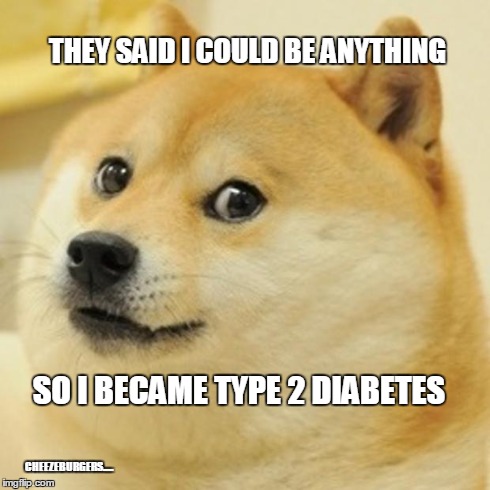 Doge Meme | THEY SAID I COULD BE ANYTHING CHEEZEBURGERS..... SO I BECAME TYPE 2 DIABETES | image tagged in memes,doge | made w/ Imgflip meme maker