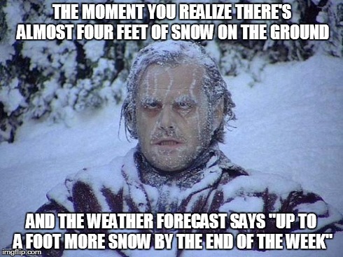 Jack Nicholson The Shining Snow | THE MOMENT YOU REALIZE THERE'S ALMOST FOUR FEET OF SNOW ON THE GROUND AND THE WEATHER FORECAST SAYS "UP TO A FOOT MORE SNOW BY THE END OF TH | image tagged in memes,jack nicholson the shining snow | made w/ Imgflip meme maker