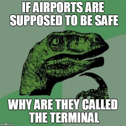 Philosoraptor | IF AIRPORTS ARE SUPPOSED TO BE SAFE WHY ARE THEY CALLED THE TERMINAL | image tagged in memes,philosoraptor | made w/ Imgflip meme maker