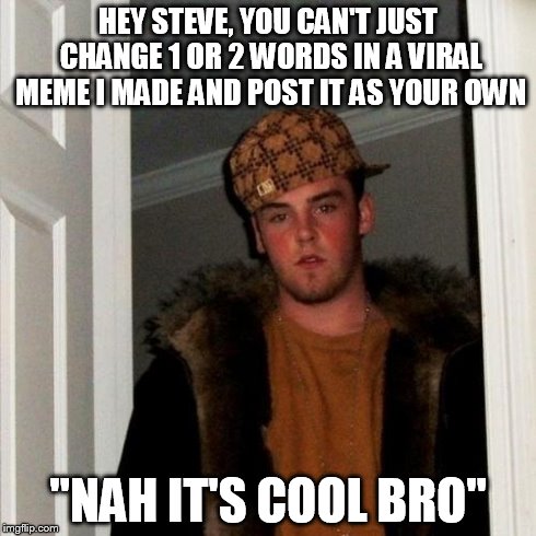 Scumbag Steve | HEY STEVE, YOU CAN'T JUST CHANGE 1 OR 2 WORDS IN A VIRAL MEME I MADE AND POST IT AS YOUR OWN "NAH IT'S COOL BRO" | image tagged in memes,scumbag steve | made w/ Imgflip meme maker