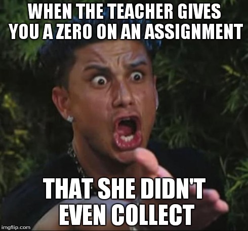 I had to turn it in late even though I had the assignment the day it was due | WHEN THE TEACHER GIVES YOU A ZERO ON AN ASSIGNMENT THAT SHE DIDN'T EVEN COLLECT | image tagged in memes,dj pauly d,school,homework | made w/ Imgflip meme maker