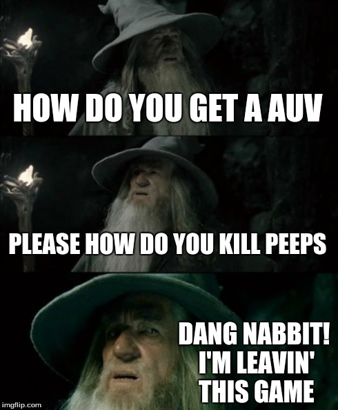 Confused Gandalf | HOW DO YOU GET A AUV PLEASE HOW DO YOU KILL PEEPS DANG NABBIT! I'M LEAVIN' THIS GAME | image tagged in memes,confused gandalf | made w/ Imgflip meme maker