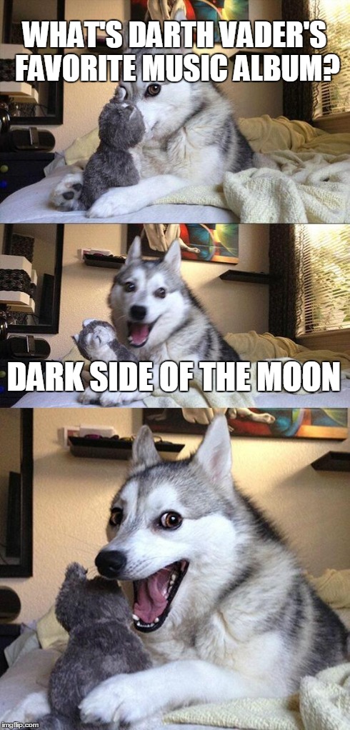 Bad Pun Dog | WHAT'S DARTH VADER'S FAVORITE MUSIC ALBUM? DARK SIDE OF THE MOON | image tagged in memes,bad pun dog | made w/ Imgflip meme maker