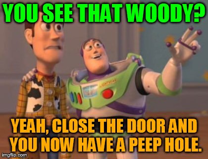 X, X Everywhere Meme | YOU SEE THAT WOODY? YEAH, CLOSE THE DOOR AND YOU NOW HAVE A PEEP HOLE. | image tagged in memes,x x everywhere | made w/ Imgflip meme maker