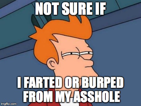 Futurama Fry | NOT SURE IF I FARTED OR BURPED FROM MY ASSHOLE | image tagged in memes,futurama fry | made w/ Imgflip meme maker