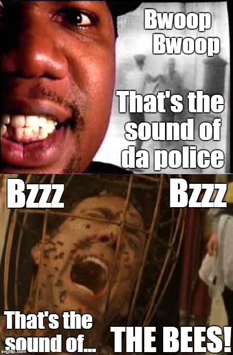 What's That Sound? | Bwoop   Bwoop That's the sound of da police Bzzz Bzzz That's the sound of... THE BEES! | image tagged in music,nicholas cage,bees,movies,bad movies,eyes | made w/ Imgflip meme maker