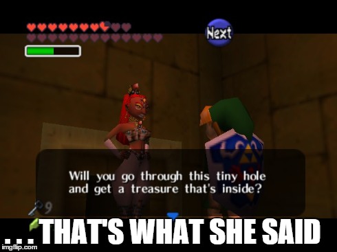 Legend of Zelda Fail!! | . . . THAT'S WHAT SHE SAID | image tagged in zelda,ocarina of time,fail,that's what she said,nintendo 64,legend of zelda | made w/ Imgflip meme maker