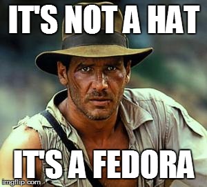 Indiana Jones Fedora | IT'S NOT A HAT IT'S A FEDORA | image tagged in indiana jones fedora | made w/ Imgflip meme maker