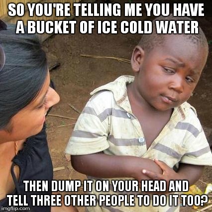 Third World Skeptical Kid Meme | SO YOU'RE TELLING ME YOU HAVE A BUCKET OF ICE COLD WATER THEN DUMP IT ON YOUR HEAD AND TELL THREE OTHER PEOPLE TO DO IT TOO? | image tagged in memes,third world skeptical kid | made w/ Imgflip meme maker