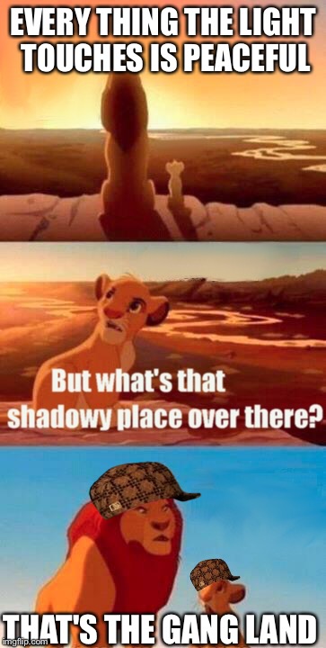 Simba Shadowy Place | EVERY THING THE LIGHT TOUCHES IS PEACEFUL THAT'S THE GANG LAND | image tagged in memes,simba shadowy place,scumbag | made w/ Imgflip meme maker