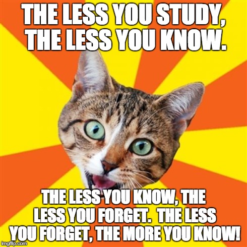 Bad Advice Cat Meme | THE LESS YOU STUDY, THE LESS YOU KNOW. THE LESS YOU KNOW, THE LESS YOU FORGET.  THE LESS YOU FORGET, THE MORE YOU KNOW! | image tagged in memes,bad advice cat | made w/ Imgflip meme maker