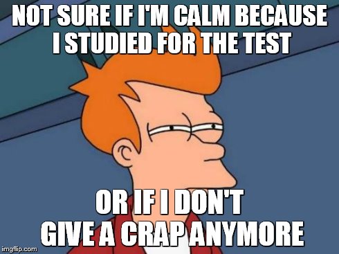 Futurama Fry Meme | NOT SURE IF I'M CALM BECAUSE I STUDIED FOR THE TEST OR IF I DON'T GIVE A CRAP ANYMORE | image tagged in memes,futurama fry | made w/ Imgflip meme maker
