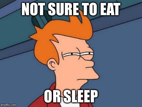 Futurama Fry Meme | NOT SURE TO EAT OR SLEEP | image tagged in memes,futurama fry | made w/ Imgflip meme maker