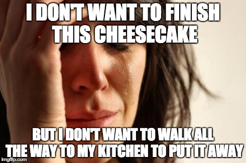 First World Problems Meme | I DON'T WANT TO FINISH THIS CHEESECAKE BUT I DON'T WANT TO WALK ALL THE WAY TO MY KITCHEN TO PUT IT AWAY | image tagged in memes,first world problems,AdviceAnimals | made w/ Imgflip meme maker