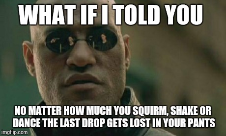 Matrix Morpheus | WHAT IF I TOLD YOU NO MATTER HOW MUCH YOU SQUIRM, SHAKE OR DANCE THE LAST DROP GETS LOST IN YOUR PANTS | image tagged in memes,matrix morpheus | made w/ Imgflip meme maker