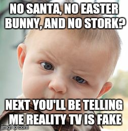 Skeptical Baby | NO SANTA, NO EASTER BUNNY, AND NO STORK? NEXT YOU'LL BE TELLING ME REALITY TV IS FAKE | image tagged in memes,skeptical baby | made w/ Imgflip meme maker
