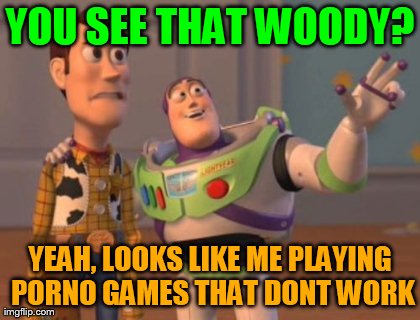 X, X Everywhere Meme | YOU SEE THAT WOODY? YEAH, LOOKS LIKE ME PLAYING PORNO GAMES THAT DONT WORK | image tagged in memes,x x everywhere | made w/ Imgflip meme maker
