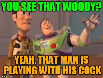 X, X Everywhere Meme | YOU SEE THAT WOODY? YEAH, THAT MAN IS PLAYING WITH HIS COCK | image tagged in memes,x x everywhere | made w/ Imgflip meme maker
