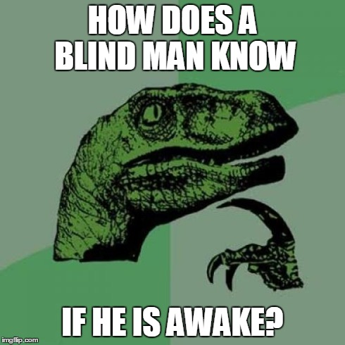 Philosoraptor | HOW DOES A BLIND MAN KNOW IF HE IS AWAKE? | image tagged in memes,philosoraptor | made w/ Imgflip meme maker