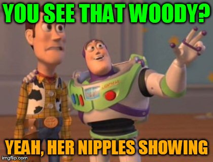 X, X Everywhere Meme | YOU SEE THAT WOODY? YEAH, HER NIPPLES SHOWING | image tagged in memes,x x everywhere | made w/ Imgflip meme maker