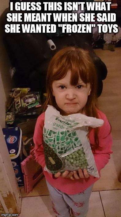 frozen fail | I GUESS THIS ISN'T WHAT SHE MEANT WHEN SHE SAID SHE WANTED "FROZEN" TOYS | image tagged in frozen,angry kid,kid,children,gifts,food | made w/ Imgflip meme maker