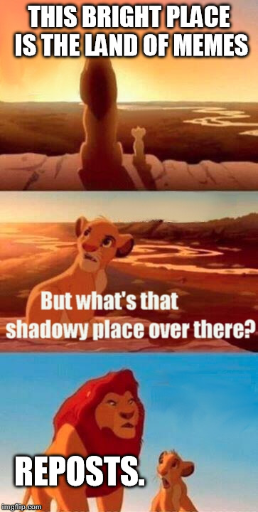 Simba Shadowy Place | THIS BRIGHT PLACE IS THE LAND OF MEMES REPOSTS. | image tagged in memes,simba shadowy place | made w/ Imgflip meme maker
