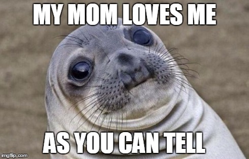 Awkward Moment Sealion | MY MOM LOVES ME AS YOU CAN TELL | image tagged in memes,awkward moment sealion | made w/ Imgflip meme maker