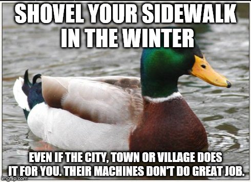 Actual Advice Mallard | SHOVEL YOUR SIDEWALK IN THE WINTER EVEN IF THE CITY, TOWN OR VILLAGE DOES IT FOR YOU. THEIR MACHINES DON'T DO GREAT JOB. | image tagged in memes,actual advice mallard | made w/ Imgflip meme maker